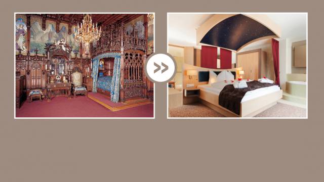 alter Schlafsaal im Vergleich zum neuen Doppelzimmer im Hotel Villa Ludwig