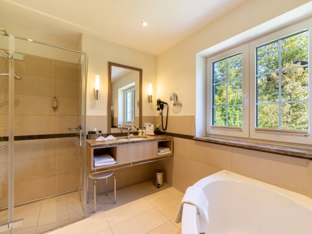 Innenansicht Badezimmer mit begehbarer Dusche und Badewanne